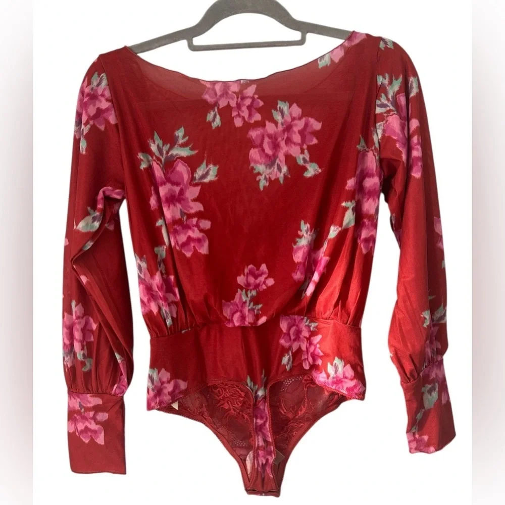 Free People Womens Size Small Bodysuit Cherry Red Printed Floral lace lined NWT